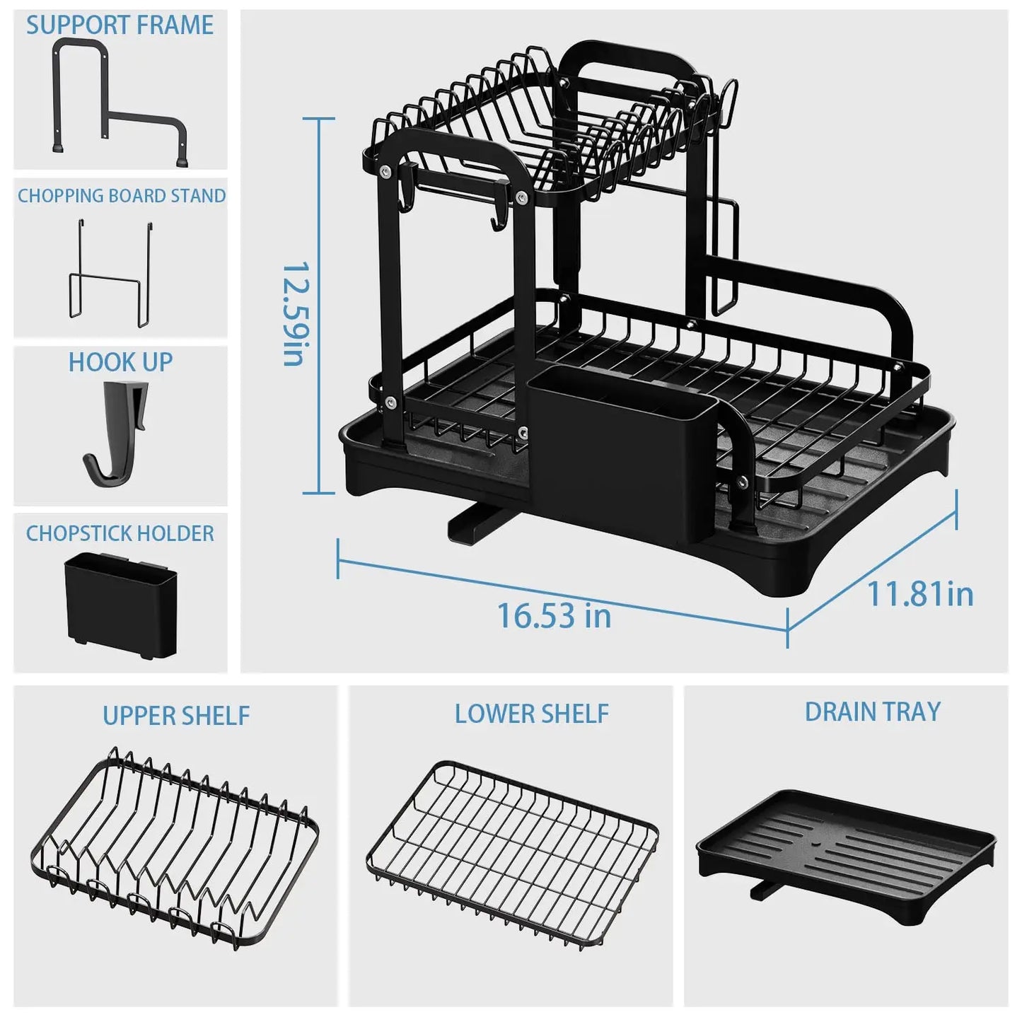 Dish Drying Rack Multifunctional Dish Rack for Kitchen Counter,  Large Capacity Dish Drainer with Drainboard, Utensil Holder