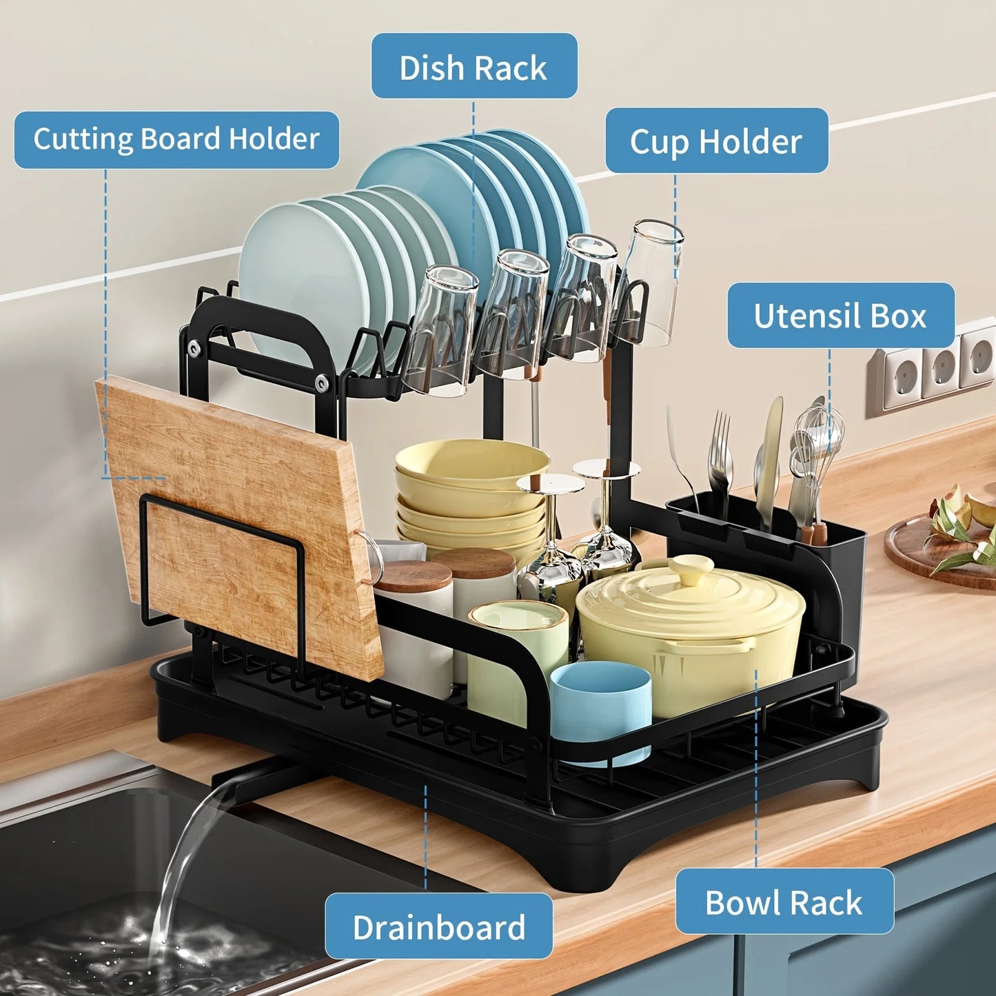 Dish Drying Rack Multifunctional Dish Rack for Kitchen Counter,  Large Capacity Dish Drainer with Drainboard, Utensil Holder