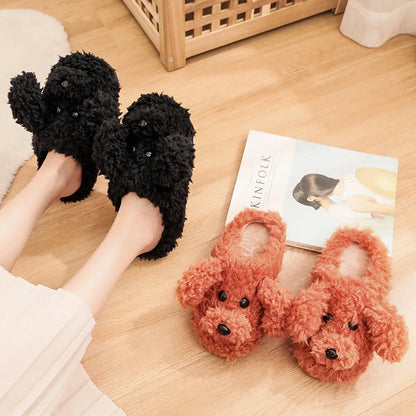 Warm Cute Dog Short Plush Slippers For Women 2023 Winter Warm Furry Cotton Shoes Couples Home Indoor Bedroom Cozy Slippers