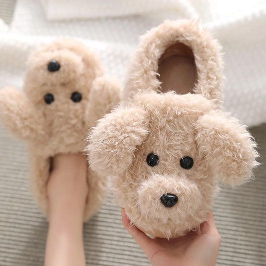 Warm Cute Dog Short Plush Slippers For Women 2023 Winter Warm Furry Cotton Shoes Couples Home Indoor Bedroom Cozy Slippers