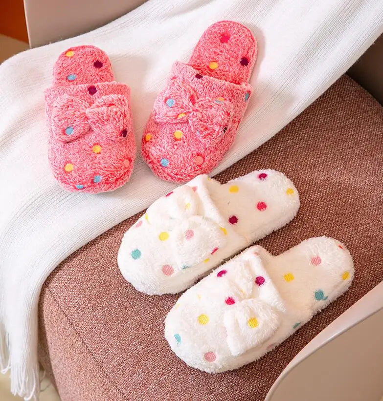 Women's Warm Home Slippers Cute Autumn Winter Bow Warmth Thick Plush Non-Slip Leisure Shoes Soft Bedroom Floor Flat Slides