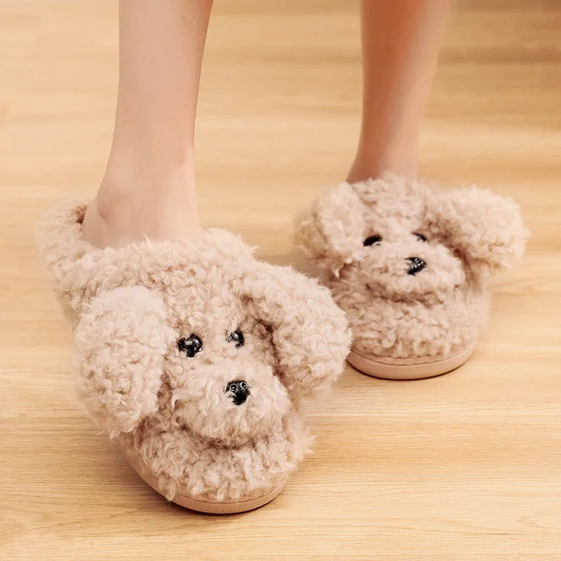 Warm Cute Dog Short Plush Slippers For Women 2023 Winter Warm Furry Cotton Shoes Couples Home Indoor Bedroom Cozy Slippers