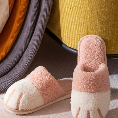 Winter Cute Cat Paw Designer House Women Fur Slippers Floor Mute Bedroom Lovers Warm Plush Shoes Indoor Fluffy Slides