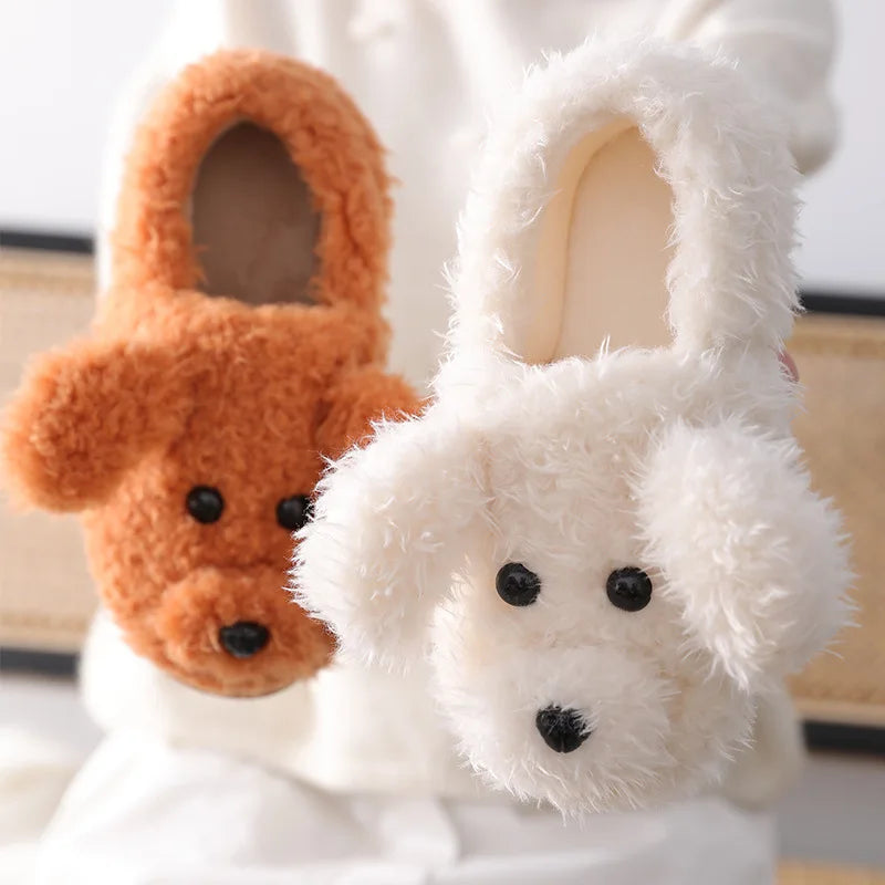 Warm Cute Dog Short Plush Slippers For Women 2023 Winter Warm Furry Cotton Shoes Couples Home Indoor Bedroom Cozy Slippers