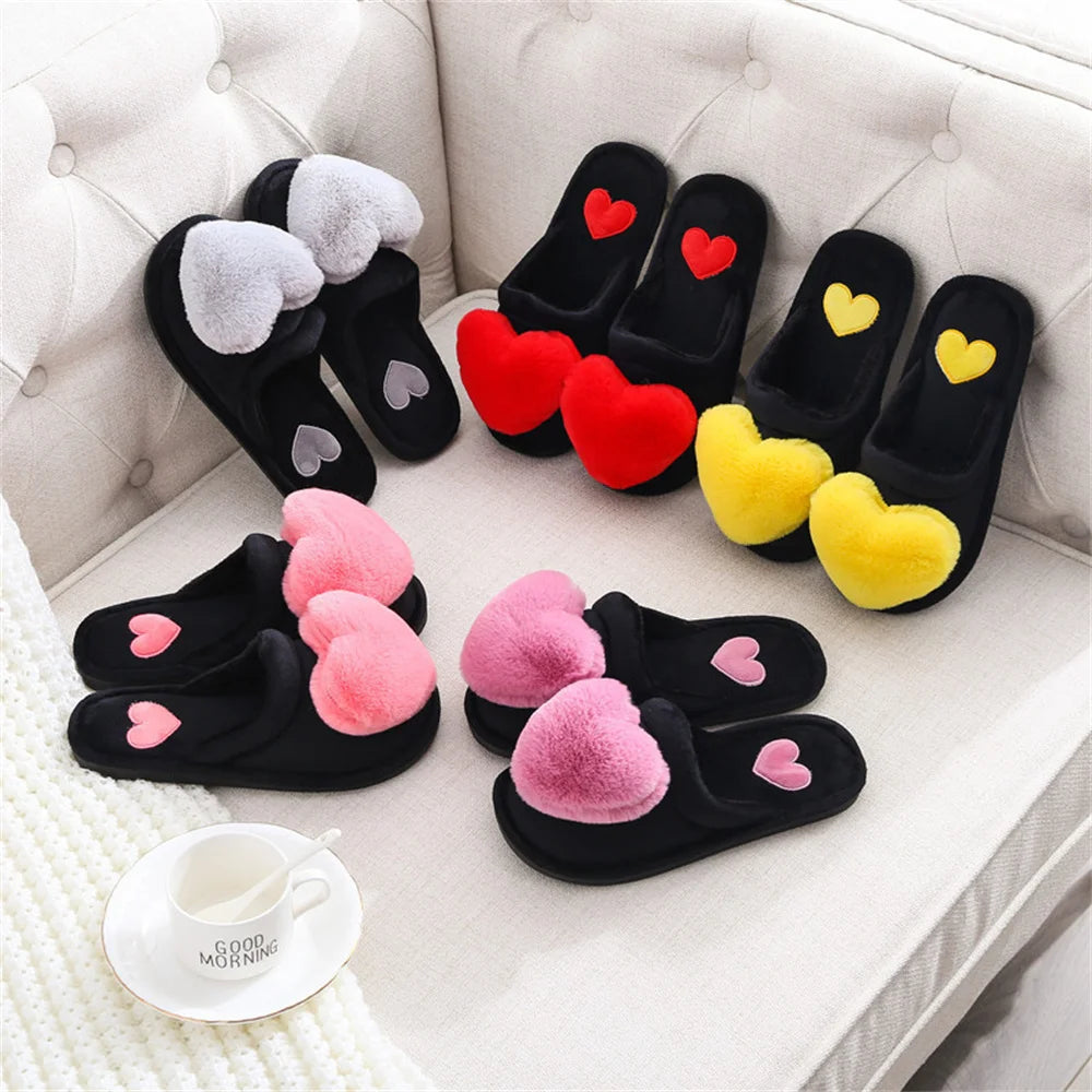 Women Indoor Warm Home Slippers Bedroom Cute Heart Pattern Non-slip Soft Comfort Plush House Slippers Shoes Autumn Winter