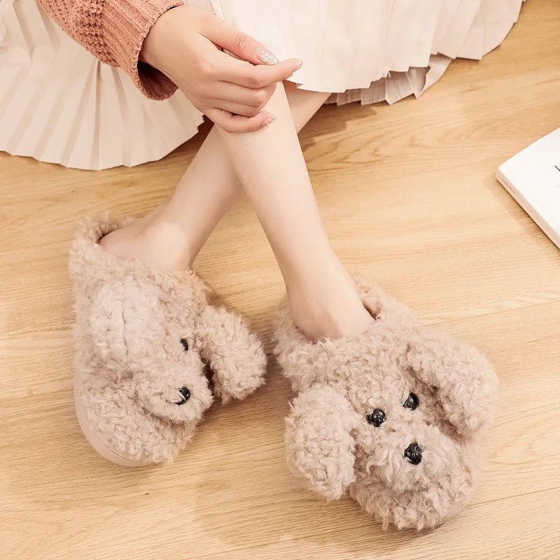 Warm Cute Dog Short Plush Slippers For Women 2023 Winter Warm Furry Cotton Shoes Couples Home Indoor Bedroom Cozy Slippers