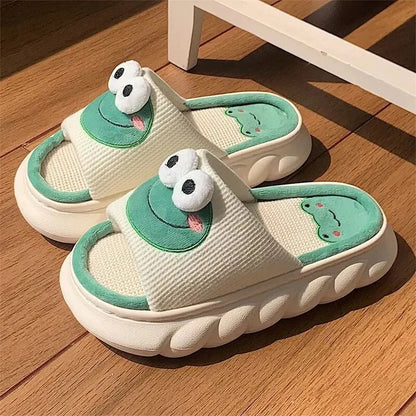 Women Cartoon Frog Slippers Winter Warm Indoor Home Slides Linen Thick Sole Couple Slipper Bedroom Anti Slip Shoes Sandals