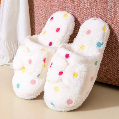 Women's Warm Home Slippers Cute Autumn Winter Bow Warmth Thick Plush Non-Slip Leisure Shoes Soft Bedroom Floor Flat Slides