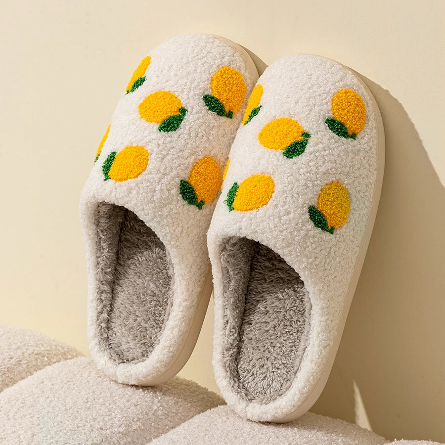 Cute Fruit Women Slippers Winter Indoor Warm Soft Sole Breathable Comfort Anti-slip Bedroom Causal Flat Cotton Shoes