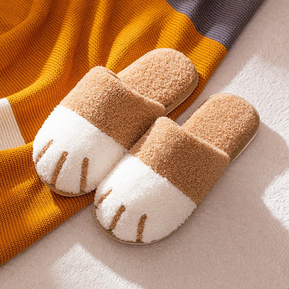 Winter Cute Cat Paw Designer House Women Fur Slippers Floor Mute Bedroom Lovers Warm Plush Shoes Indoor Fluffy Slides