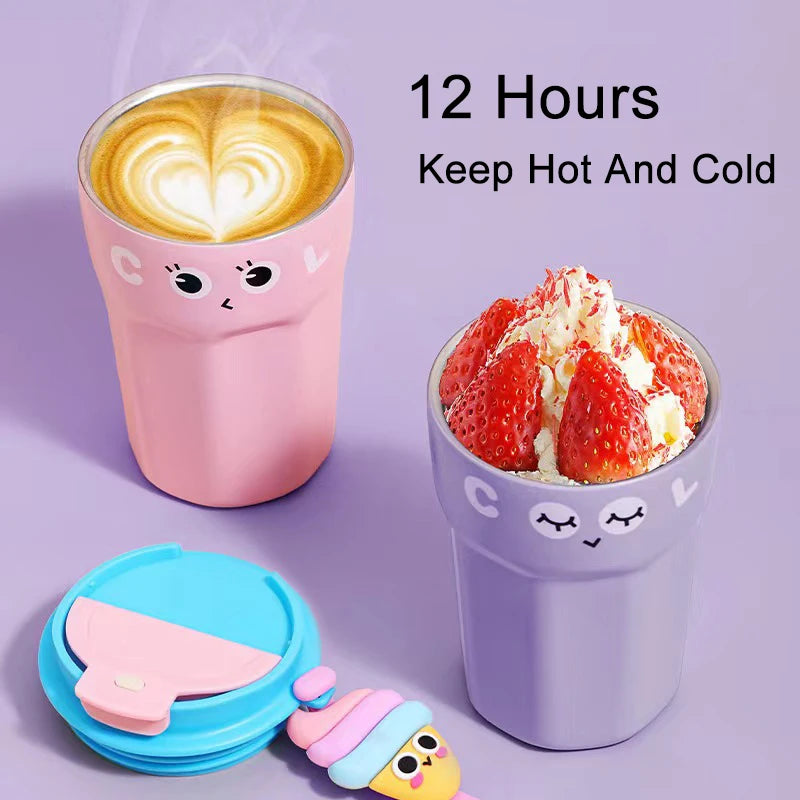 420ml Funny Coffee Cup Thermos 316 Stainless Steel Double -layer Iced Coffee Mug Tumbler Leak-proof Water Bottle For Girls Gift