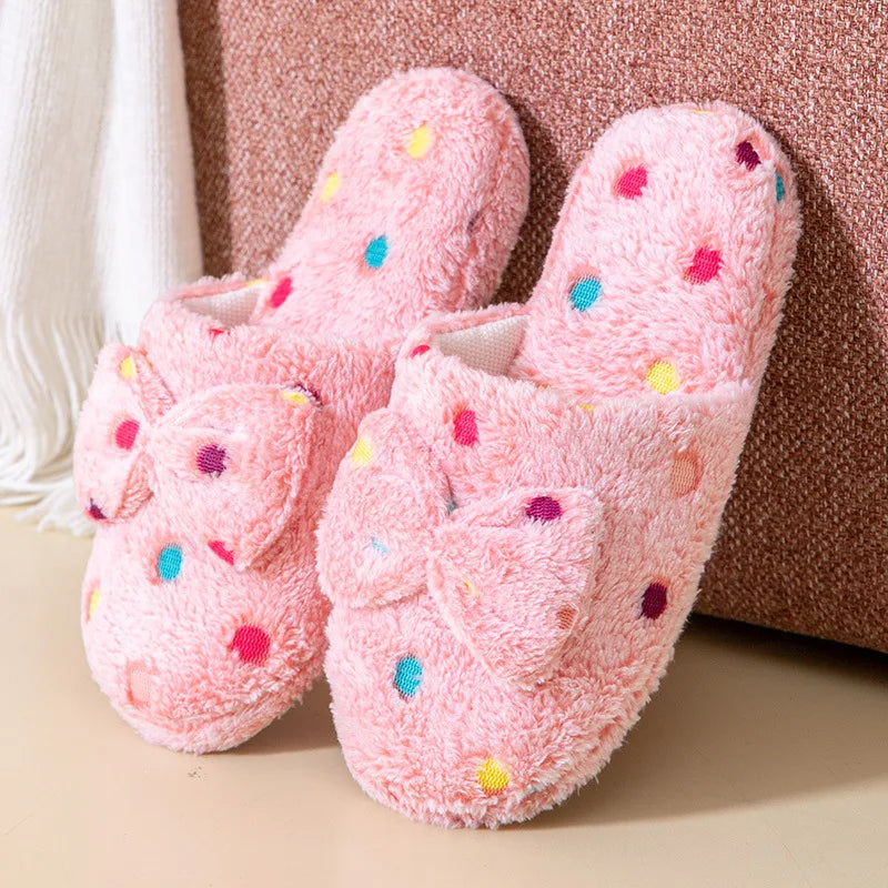 Women's Warm Home Slippers Cute Autumn Winter Bow Warmth Thick Plush Non-Slip Leisure Shoes Soft Bedroom Floor Flat Slides