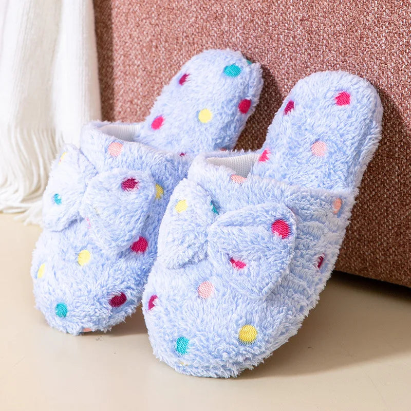 Women's Warm Home Slippers Cute Autumn Winter Bow Warmth Thick Plush Non-Slip Leisure Shoes Soft Bedroom Floor Flat Slides