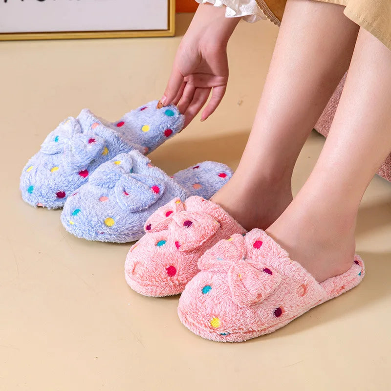 Women's Warm Home Slippers Cute Autumn Winter Bow Warmth Thick Plush Non-Slip Leisure Shoes Soft Bedroom Floor Flat Slides