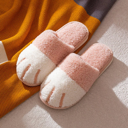 Winter Cute Cat Paw Designer House Women Fur Slippers Floor Mute Bedroom Lovers Warm Plush Shoes Indoor Fluffy Slides