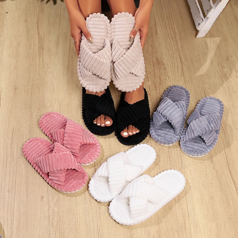 Cross Band Home Fluffy Slippers Women Autumn Winter Warm Plush Slides Woman Indoor Bedroom Soft Sole Cotton Slippers